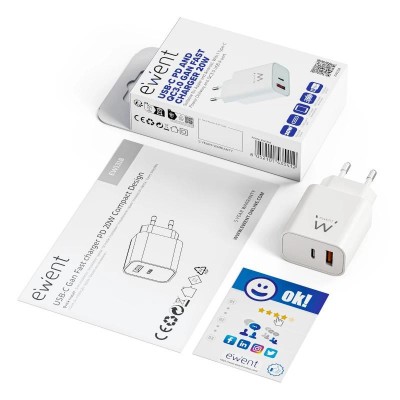 EWENT EW1318 Cargador rapido USB C PD 20W USB A QC